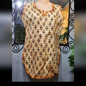 Vintage Traditional Brown Orange Kurti Tunic Sleeveless Top Elegant Woman's Top